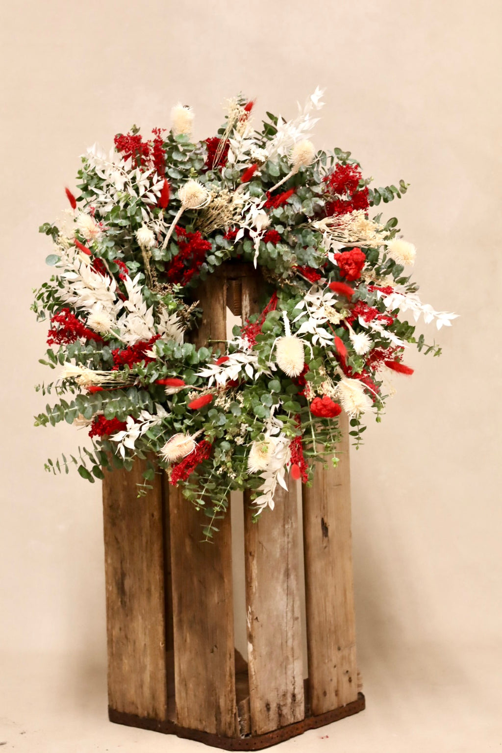 Baby Blue Eucalyptus Bleached Cardo and Red Flower Wreath