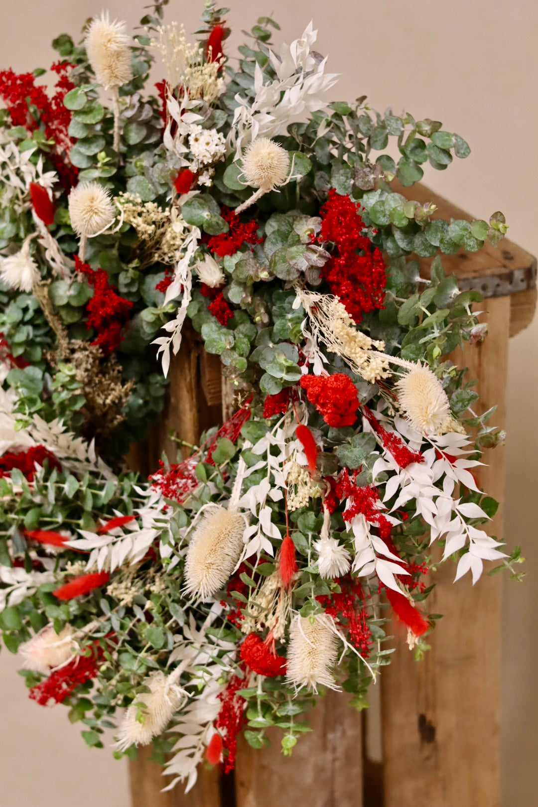Baby Blue Eucalyptus Bleached Cardo and Red Flower Wreath