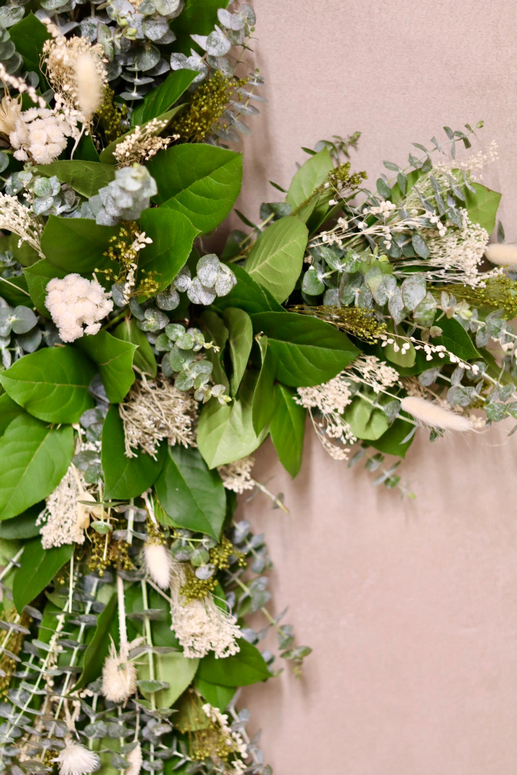 Baby Blue Eucalyptus Salal and White Flower Cross