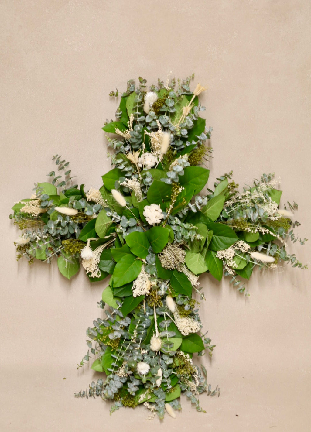 Baby Blue Eucalyptus Salal and White Flower Cross