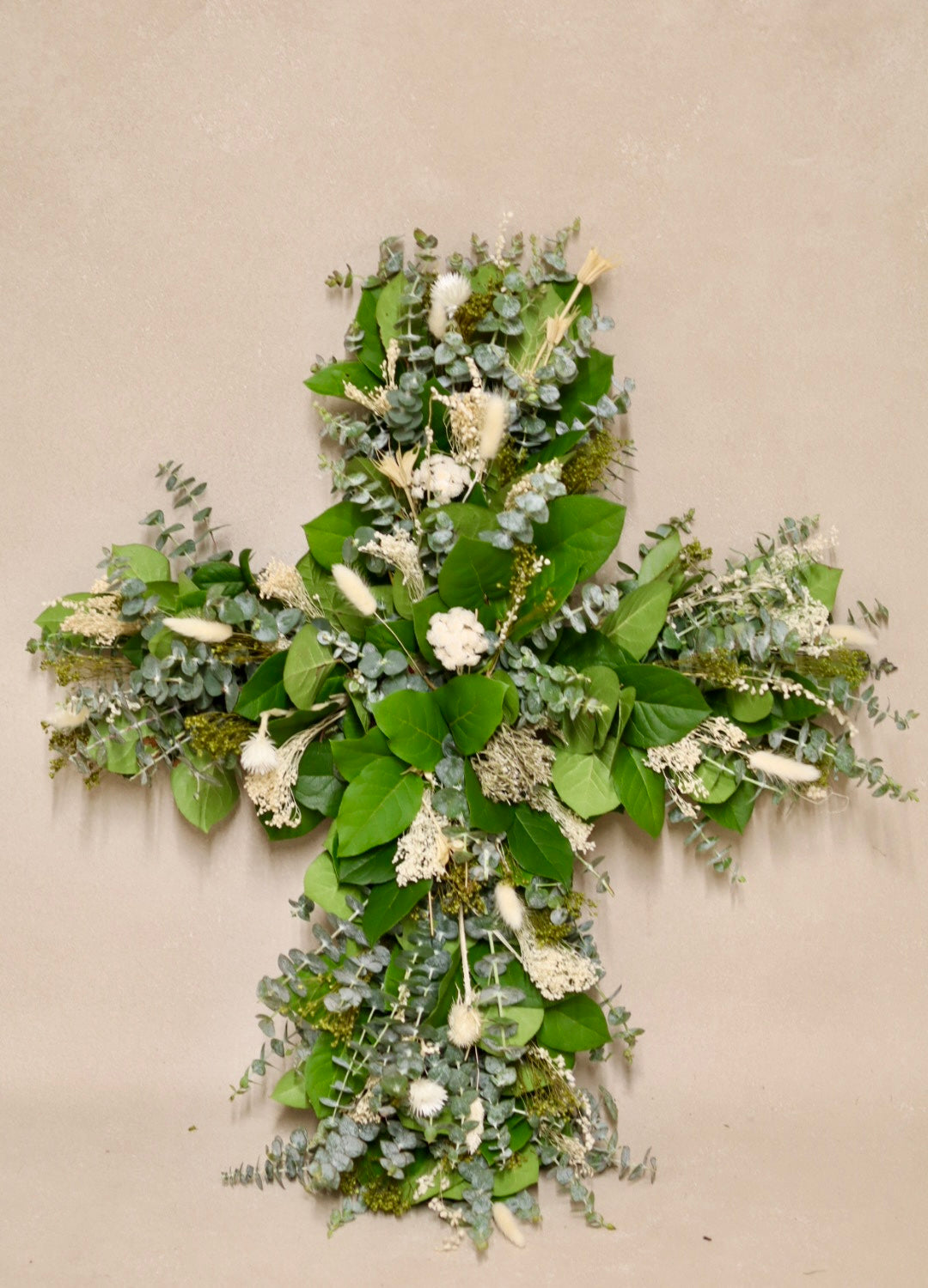 Baby Blue Eucalyptus Salal and White Flower Cross