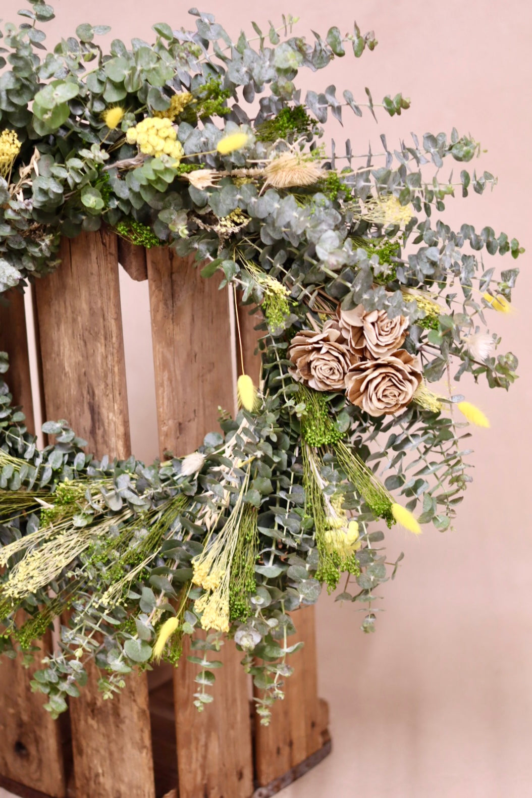 Baby Blue Eucalyptus Yellow Flowers and Wooden Roses