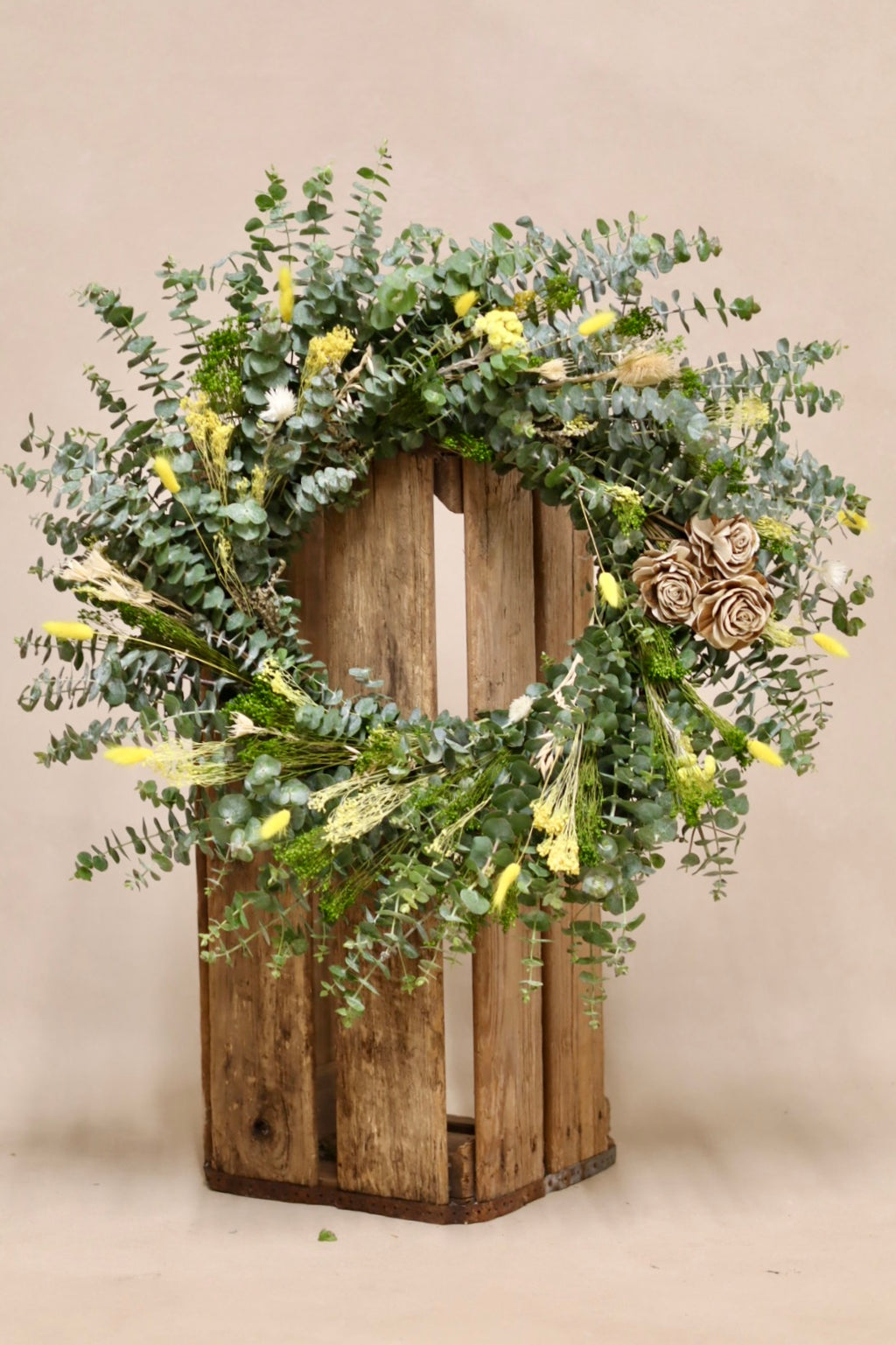 Baby Blue Eucalyptus Yellow Flowers and Wooden Roses