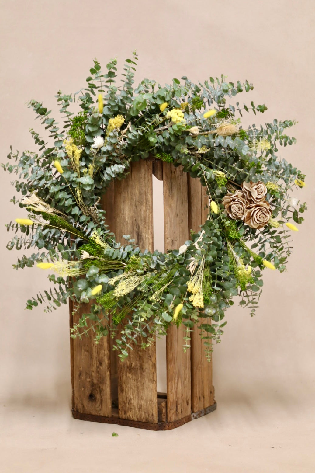 Baby Blue Eucalyptus Yellow Flowers and Wooden Roses