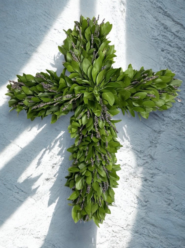Israeli Ruscus and Dried Lavender Cross Wreath