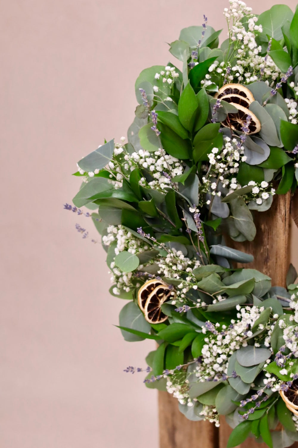 Israeli Ruscus Silver Dollar Eucalyptus Babies Breath Dried Lavender and Dehydrated Lemon Wreath
