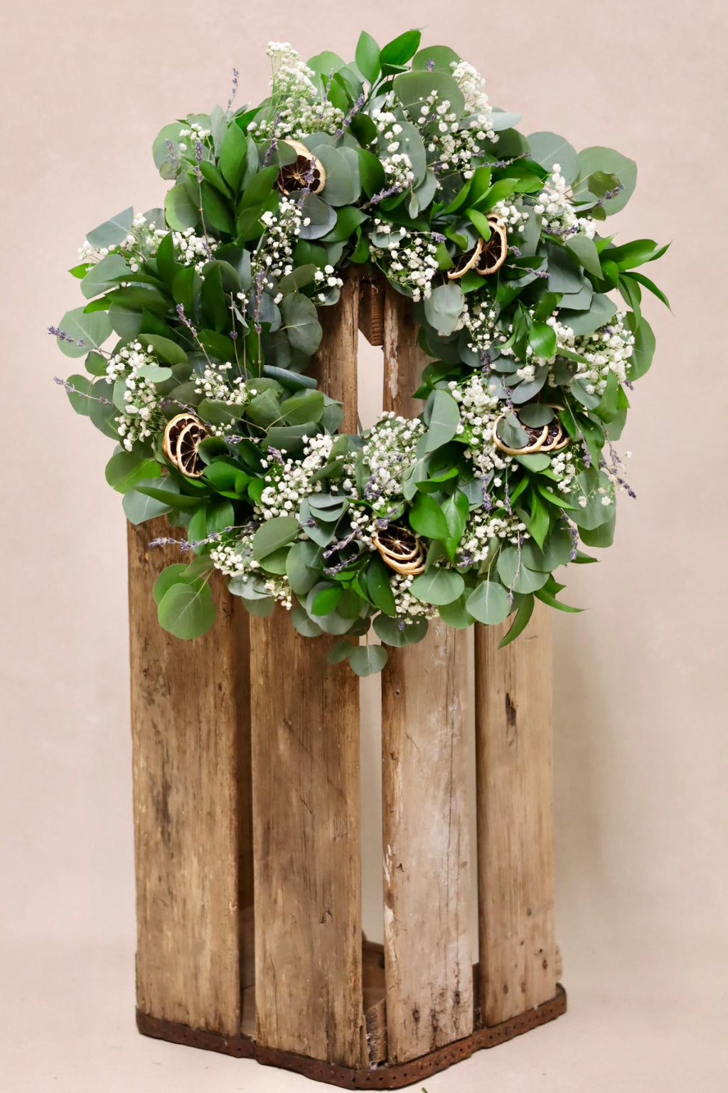 Israeli Ruscus Silver Dollar Eucalyptus Babies Breath Dried Lavender and Dehydrated Lemon Wreath