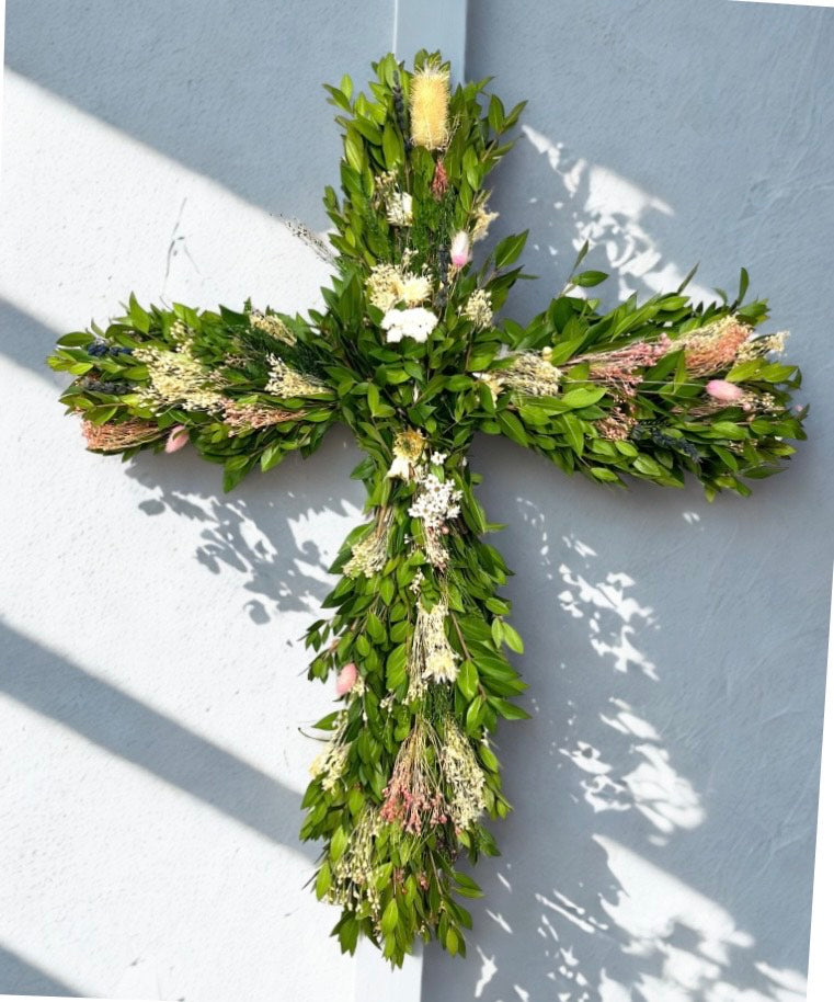 Myrtle and Pink Bouquet Cross Wreath